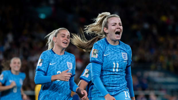 Lauren Hemp (no.11) and Alessia Russo pictured celebrating during England's 3-1 win over Australia in the semi-finals of the 2023 FIFA Women's World Cup